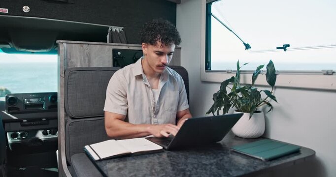 Notebook, laptop and reading with man in van for travel blog, freelancer or holiday review. Road trip advisor, online guide and remote worker with person in campervan for research or digital nomad