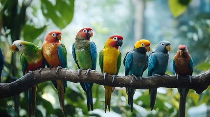 Colorful tropical Ara macaws including red and yellow, blue and yellow, and red and blue varieties