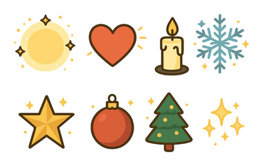 Colorful holiday icons: sun, heart, candle, snowflake, star, ornament, tree, sparkle