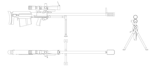 Detailed blueprint of a sniper rifle set with mounted scope and bipod. The technical contour drawing is rendered in precise black and white.