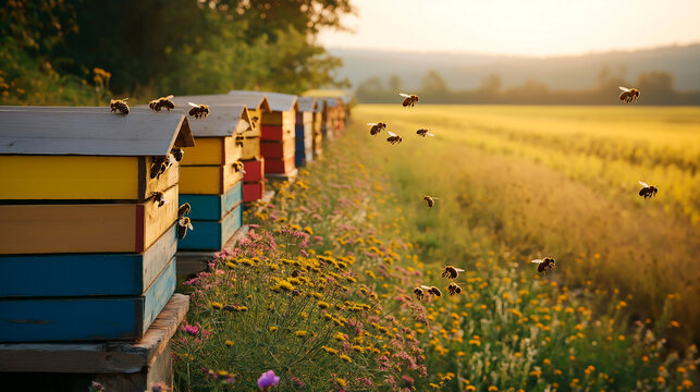 Picturesque rural beekeeping farm with colorful hives and buzzing bees in a golden sunset - Powered by Adobe