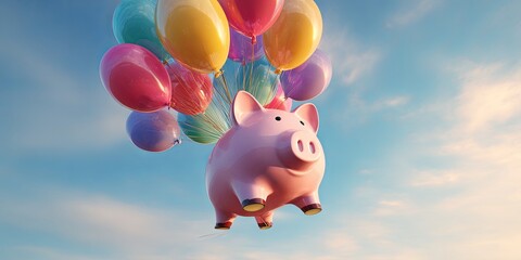 Piggy bank floating with colorful balloons against a bright sky, symbolizing savings, dreams, and aspirations for financial growth and abundance in life.