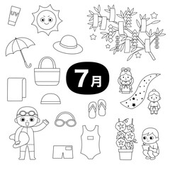 7月の季節イラスト線画セット（七夕・朝顔・水泳授業）