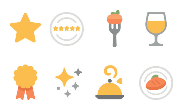 Colorful food and star icons with medal and wine glass