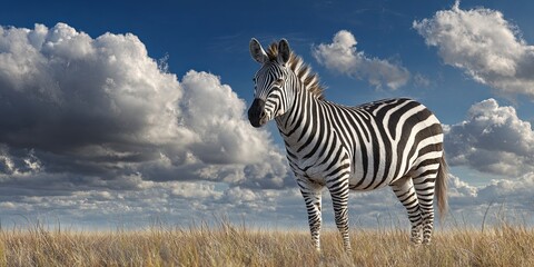 Naklejka premium Majestic Zebra Standing Gracefully in Expansive Green Savannah Under Bright Blue Sky with Fluffy Clouds in Background, Capturing Natures Beauty