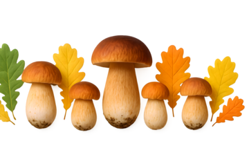 "Transparent PNG of Boletus mushrooms and oak leaves in green, orange, and yellow shades, including cep and porcini varieties."