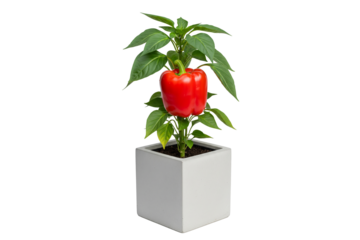 red bell pepper plant with a large ripe pepper growing in a square pot isolated on white background
