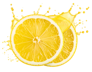 Fresh lemon slices bursting with yellow juice splashes