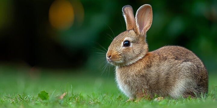 Cute brown rabbit sitting on green grass in a serene natural setting, showcasing its soft fur and alert posture in a picturesque outdoor environment