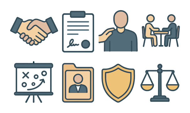 Business and legal icons representing partnership and strategy