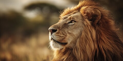 Fototapeta premium Majestic Lion in Profile with Golden Mane Against Soft Out-of-Focus Background in Natural Habitat Capturing Grace and Power of Wild Animal