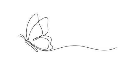 Simple One Line Art Continuous Drawing of a Butterfly in Flight, Minimalist Aesthetic Sketch