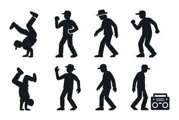Silhouettes of dancing figures with diverse hip hop poses on brown background