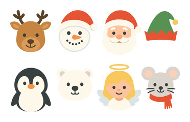 Naklejka premium Festive cartoon characters with christmas hats including santa, angel, and penguin