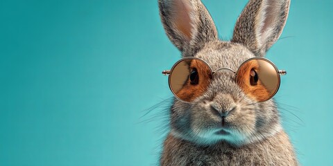 Adorable rabbit wearing stylish sunglasses on a bright turquoise backdrop showcasing cuteness and charm, perfect for children s themes and fun promotions