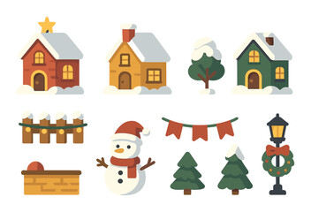 Festive winter houses snowman trees decorations christmas theme