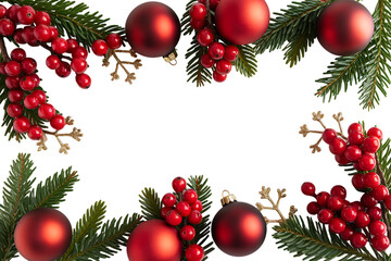 Festive Christmas Arrangement Featuring Red Ornaments, Berries and Evergreen Branches on a Blank White Background with plenty of room for text