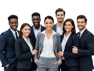 Diverse group of seven smiling business professionals wearing formal attire standing together, isolated on transparent background