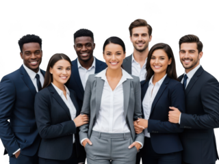 Diverse group of seven smiling business professionals wearing formal attire standing together, isolated on transparent background