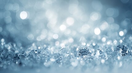 Bright winter bokeh background with sparkling crystal like highlights resembling diamonds, clean minimal center space for text, luxurious cold