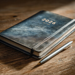 Close up view of closed vintage leather blue color diary on wooden table. The diary is closed and 2026 is written on the cover in focus. A grey pen is lying about on the table. Soft, moody lighting.