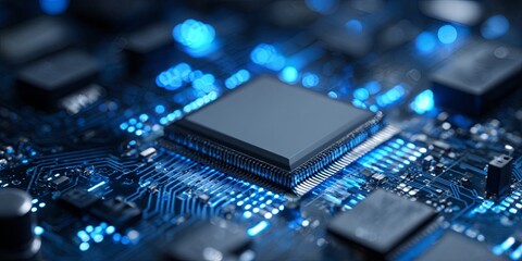 High-Resolution Close-Up of a Modern Microprocessor on a Circuit Board with Blue LED Lights and Complex Electronic Connections