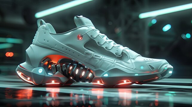 Conceptual shoe design created using artificial intelligence, with illuminated soles
