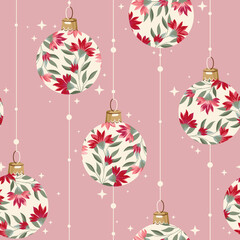 Pink seamless pattern with christmas balls. Flowers and plants. Background for wrapping paper, fabric print, greeting cards. Winter Holiday design.