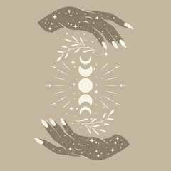 Boho illustration with moon phases and woman hand. Alchemy esoteric magic space. Elegant illustration.