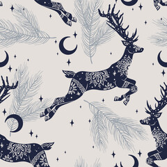 Seamless blue pattern with winter deers. Design for card, fabric, print, greeting, cloth, poster, clothes, textile.