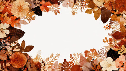 Artistic autumn foliage and blooms in rich fall colors form a decorative border surrounding a blank central area.