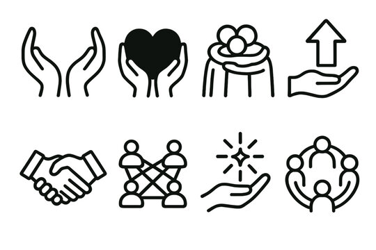 Community Support Symbols. Supportive Community Symbols linear icon set: caring arms, shared heart, group embrace, guidance arrow, trust emblem, community net, uplift spark