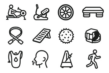 Fitness Equipment Icons. Cardio & Mobility Icons linear icon set: rowing machine, elliptical pedal, spin bike wheel, aerobic step, stretching strap, calf stretcher, massage ball