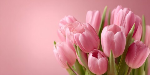 Obraz premium Beautiful Arrangement of Fresh Pink Tulips on Soft Pink Background Perfect for Celebrating Spring, Love, or Special Occasions in Floral Design