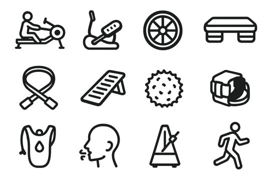 Fitness Equipment Icons. Cardio & Mobility Icons linear icon set: rowing machine, elliptical pedal, spin bike wheel, aerobic step, stretching strap, calf stretcher, massage ball
