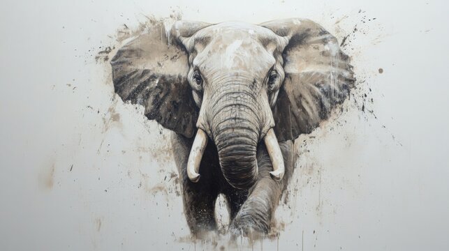 Majestic elephant charging with artistic paint splatter effect