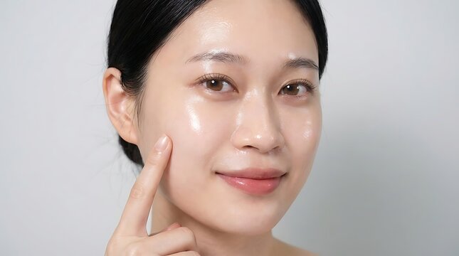 A young woman with radiant, glowing skin pointing to her cheek.
