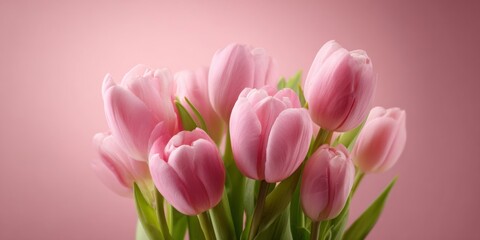 Fototapeta premium Beautiful Arrangement of Fresh Pink Tulips on Soft Pink Background Perfect for Celebrating Spring, Love, or Special Occasions in Floral Design