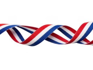 Red white and blue striped ribbon twisted in a wavy pattern, isolated on transparent background