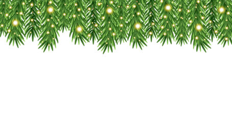 realistic christmas fir branches border with warm glowing fairy lights on transparent background. festive holiday garland frame for winter and New Year designs