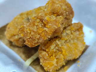 Udang keju or cheese prawns. Food menu at the Mie Gacoan restaurant, which has a crispy texture and a strong taste.	