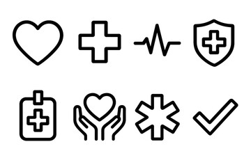Medical Icon Set. Doctor Symbols linear icon set: heart icon, cross symbol, heartbeat line, shield emblem, medical ID tag, care hands, health star, checkmark