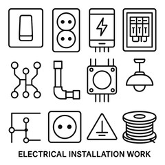 Electrical Installation Icons. Electrical Installation Work linear icon set: light switch, wall outlet, fuse box, breaker panel, circuit board, conduit pipe, junction box, ceiling