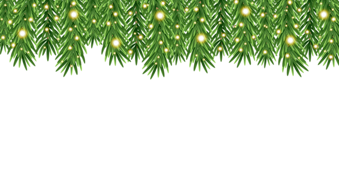 realistic christmas fir branches border with warm glowing fairy lights on transparent background. festive holiday garland frame for winter and New Year designs