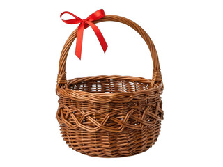 A small, round wicker basket with a handle, adorned with a bright red ribbon tied in a bow, isolated on transparent background