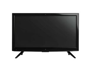 Modern black flat-screen display on dark background, screen off