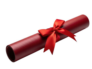 A rolledup deep red diploma or certificate tied with a satin red ribbon and bow, isolated on transparent background
