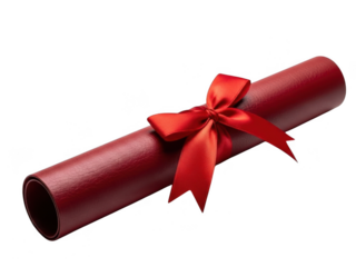A rolledup deep red diploma or certificate tied with a satin red ribbon and bow, isolated on transparent background