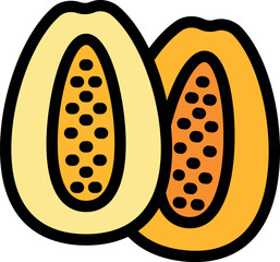 Papaya cut in half showing its yellow flesh and black seeds, simple colorful icon of a tropical fruit