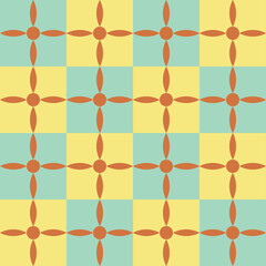 Seamless geometric pattern with orange segments and circles on blue and yellow squares. Could be used as wallpaper, texture, print, fabric. 